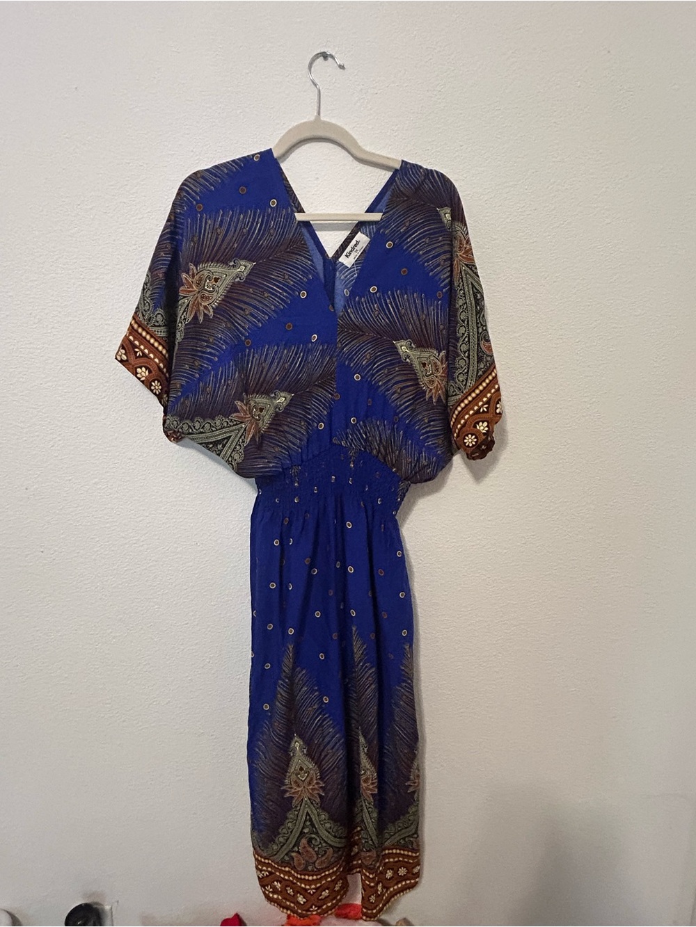 Royal Blue Printed V-Neck Midi Dress with Elastic Waist